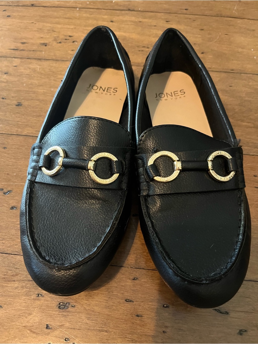 Jones New York Black Leather Loafers with Gold Ring Detail Size 8 W